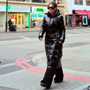 The North Face Women Haxton Long Parka GLOSSY Black Down Coat /Hood Sz L